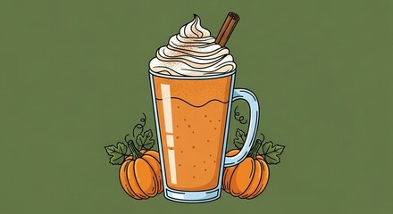 Delicious pumpkin spice latte with whipped cream and cinnamon stick surrounded by pumpkins on a cozy autumn day background illustration