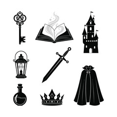 A set of black silhouette icons representing classic fantasy elements for magical storytelling, adventure tales, and role-playing games