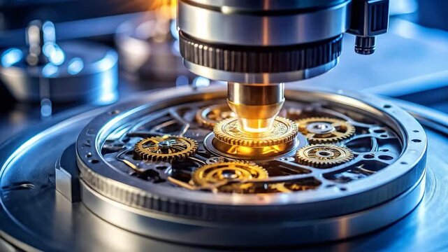 Intricate Clockwork Mechanism Assembly Close Up With Golden Gears And Precision Engineering Under Warm Industrial Lighting