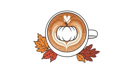 Pumpkin spice latte art in a white cup with autumn leaves on a white background perfect for fall themed designs and seasonal promotions