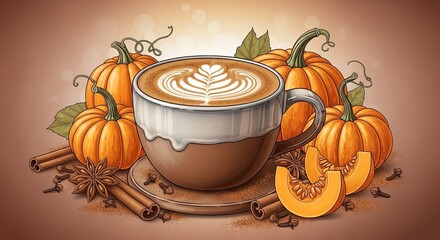 Cozy autumn vibes with pumpkin spice latte cinnamon sticks and pumpkins creating a warm seasonal atmosphere for fall lovers