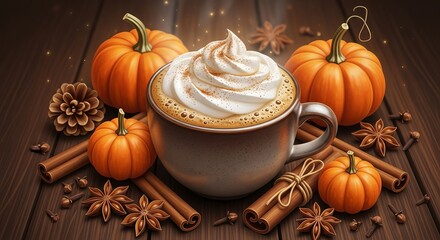 Cozy autumn scene featuring a pumpkin spice latte with whipped cream and cinnamon sticks on a rustic wooden table setting