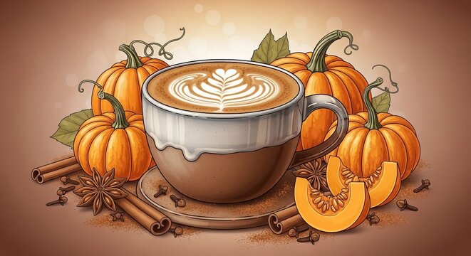 Cozy autumn vibes with pumpkin spice latte cinnamon sticks and pumpkins creating a warm seasonal atmosphere for fall lovers