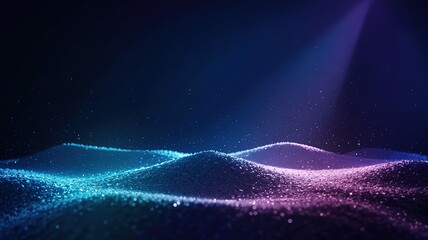 Illuminated sand dune landscape presents a celestial glow, enhancing its texture in blue and purple hues