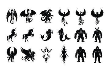 Collection of mythical creatures silhouette icons for storytelling, encompassing dragons, phoenixes, mermaids, and other fantastical beings for creative projects