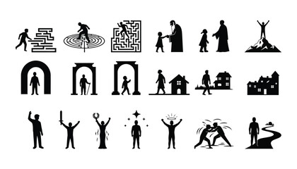 A compelling collection of human experiences and life journeys depicted through intricate silhouettes, ideal for visual storytelling, symbolizing growth, challenges, and achievement