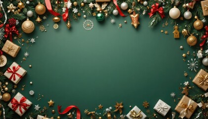 On a rich green background, a festive Christmas and New Year's tableau includes ribbons, ornaments, wrapped gifts, gold and white decorations, and a lively toy train.