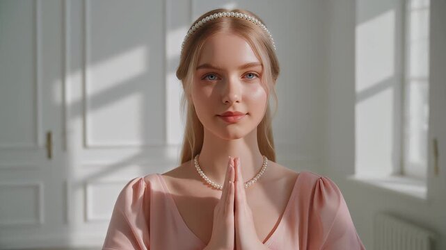 Beautiful young woman with pearl necklace and headband praying with hands together, spiritual hope concept, angelic portrait.