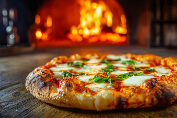 Close-up of a freshly baked authentic wood-fired pizza with melted cheese and basil leaves on a rustic wooden surface with a glowing brick oven fire in the background
