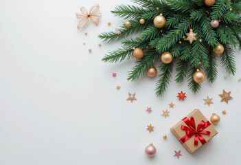 Christmas flat lay background with fir tree, present box and decorations on white. Free space for design. 3d rendering.