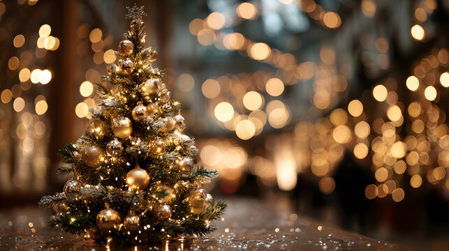 Defocused christmas tree with golden bokeh light with empty space for abstract festive background.