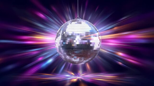 Disco ball spinning with lights Light pink violet laser line.Convivial and celebration concepts