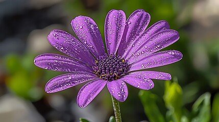 Macro Close-up of Vibrant Purple African Daisy Flower with Fresh Water Droplets on Petals