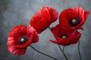 Vibrant red poppy flowers with delicate textured petals and dark centers against a moody grey background in an elegant floral arrangement photograph
