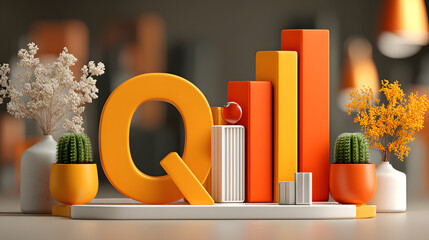 Q1 first quarter business report banner and concept. Block on bright orange background. Vibrant quarterly financial summary visual aid showcasing key performance indicators on a sunny
