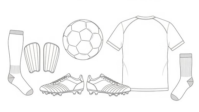 Soccer Equipment Line Art Illustration with Jersey, Ball, Cleats, Socks, and Shin Guards