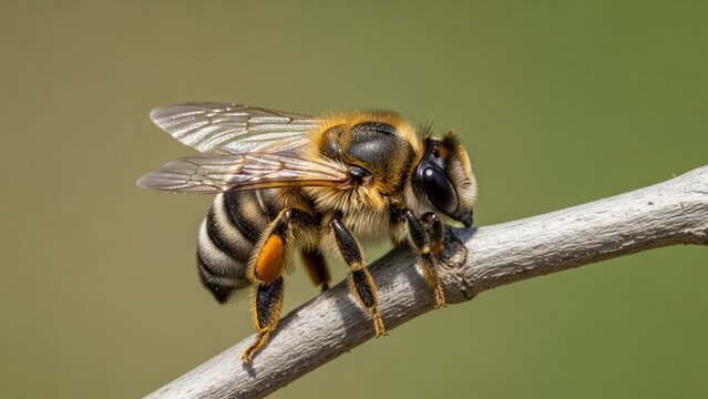 A honey bee perched on a branch with a blurred green background.