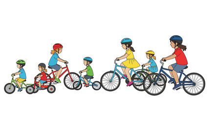 Diverse group of children and adults enjoying a leisurely bike ride, showcasing different ages and stages of cycling proficiency on various bicycle sizes