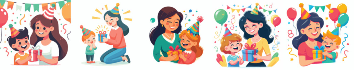 vector mother giving new year gift to child