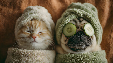 Cute kitten and pug puppy with towel on their heads with cream on their faces and with a pieces of cucumber on their eyes relaxing on the bed at spa salon. Top down view. Empty space for.