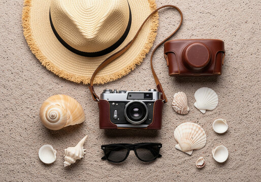 Summer Holiday Travel Flat Lay Composition with Vintage Camera and Beach Accessories on Sand Capturing the Spirit of Vacation and Tropical Photography - Powered by Adobe