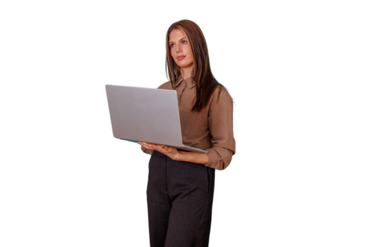 Professional businesswoman holding laptop, standing and thinking, working with portable computer, transparent background
