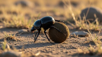 A dung beetle rolling a ball of dung in a desert landscape.