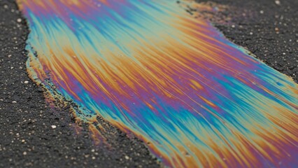 Naklejka premium Stunning iridescent spill shimmers with vibrant colors on asphalt, creating a unique abstract design perfect for environmental awareness campaigns