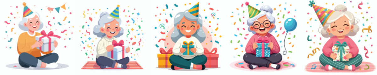 Naklejka premium vector of a granmother sit holding new year gift