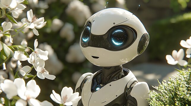 Detailed close-up of a friendly white futuristic robot with glowing blue eyes among white magnolia flowers in a garden.