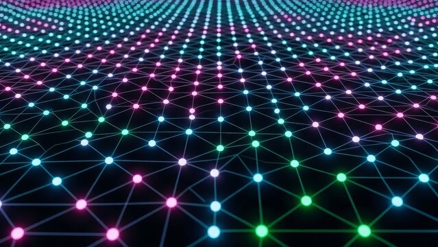 Dynamic glowing network with vibrant pink and teal nodes for cutting-edge technology presentations and modern digital marketing campaigns