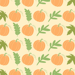 A soft and charming seamless pattern featuring hand-drawn pumpkins and green foliage on a warm beige background. Ideal for fall-themed stationery, fabric prints, packaging, wrapping paper.