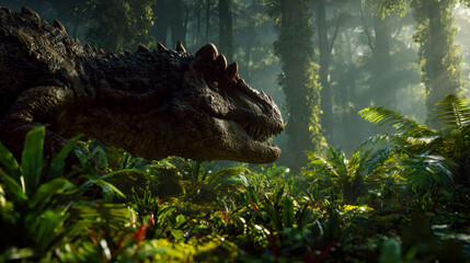 Crocodile lurking amid lush jungle foliage in sunlight-dappled forest scene