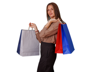 Woman carrying shopping bags on transparent background, shopping addiction, retail therapy, and consumerism concept