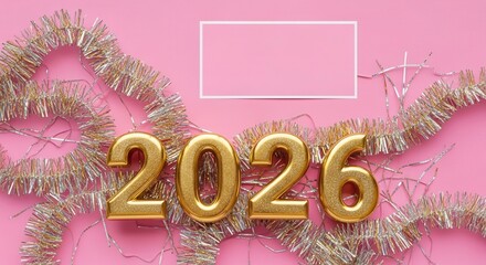 Golden 2026 with festive tinsel and blank card on pink