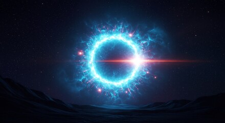 Fototapeta premium 漆黒の広大な宇宙空間に神秘的に浮かび上がる青い光のリングが中心から激しく発光しまばゆい光線を放つ未来への扉を示す幻想的な視覚効果と壮大な美しさ. AI Generated