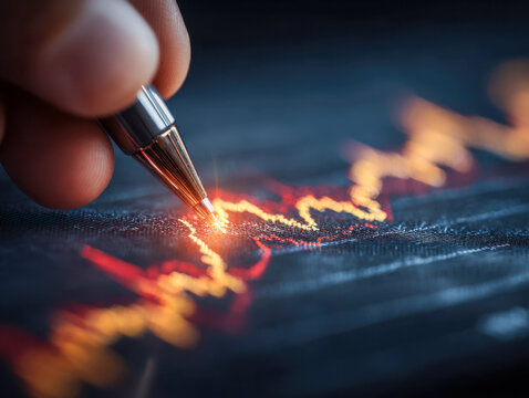 Hand holding a pen drawing a glowing, jagged financial chart line on a digital screen symbolizing stock market trends and investment analysis - Powered by Adobe