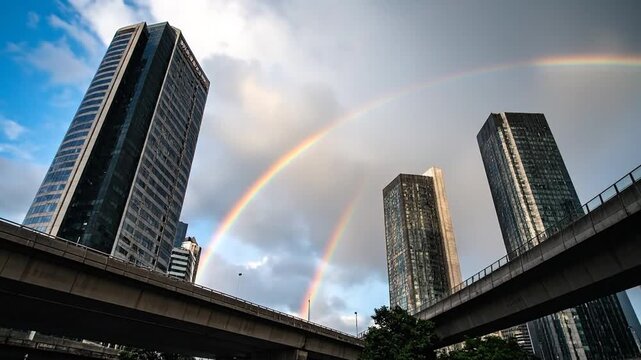 Rainbow Arches Over Modern City Skyscrapers and Bridges