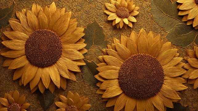A smooth sunflower background featuring gold foil embossing. Ideal for harvest festivals high end branding and creative artistic projects. Elegant sunburst backdrop with luxurious