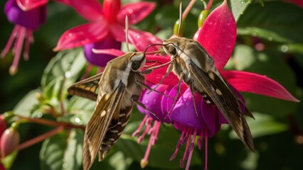 Obraz premium Two hummingbirds on a pink flower with green leaves in a garden setting.