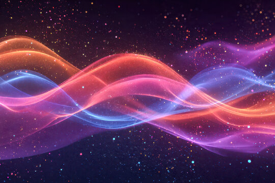 Vibrant flowing waves of colorful light particles creating a dynamic abstract energy pattern on a dark cosmic background with sparkling glowing dots