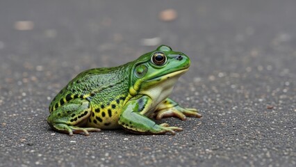 Obraz premium A green frog sitting on a concrete surface.