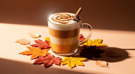 Autumnal pumpkin spice latte with cinnamon stick and fall leaves on a warm background creating a cozy seasonal atmosphere
