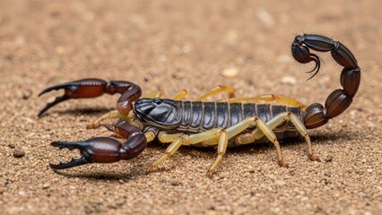 A black and yellow scorpion on a sandy ground.