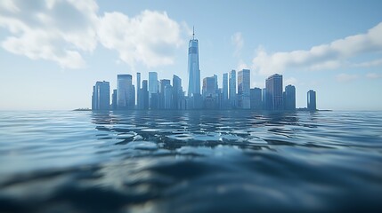 Futuristic city skyline of modern skyscrapers rising from blue water with a clear sky