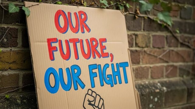Activism sign against brick wall with growing ivy emphasizing urgency and persistence
