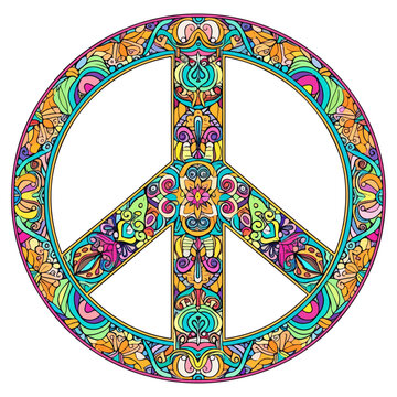 Hippie vintage peace symbol in zentangle style for adult anti stress. Coloring page with high details. Made by trace from sketch. Hippy colorful vector illustration
