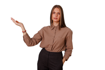 Young confident woman presenting empty hand space, pointing at copy space on transparent background