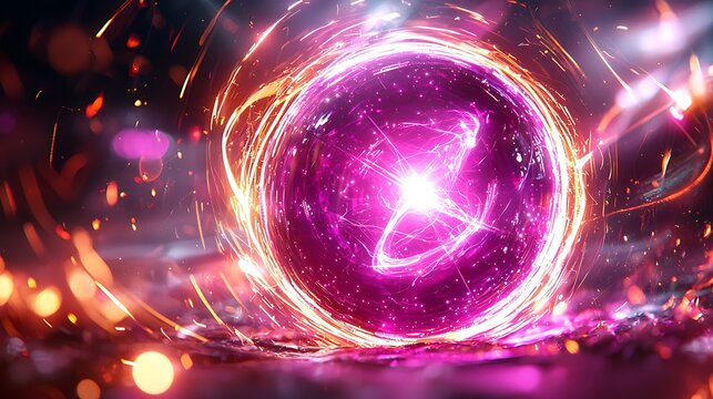 Abstract Glowing Magenta and Purple Energy Sphere with Golden Light Trails and Dynamic Sparks on Dark Background