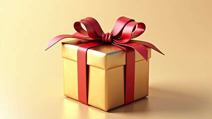 Obraz premium A luxurious golden gift box tied with a vibrant red ribbon, elegantly presented on a shimmering gold background, perfect for celebrations and special occasions